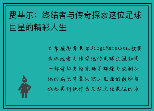 费基尔：终结者与传奇探索这位足球巨星的精彩人生